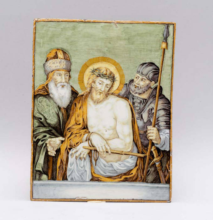 Targa con la partenza del Figliol Prodigo | Castelli | Berardino Gentili il Giovane | seconda metà del secolo XVIII | maiolica policroma | cm. 32