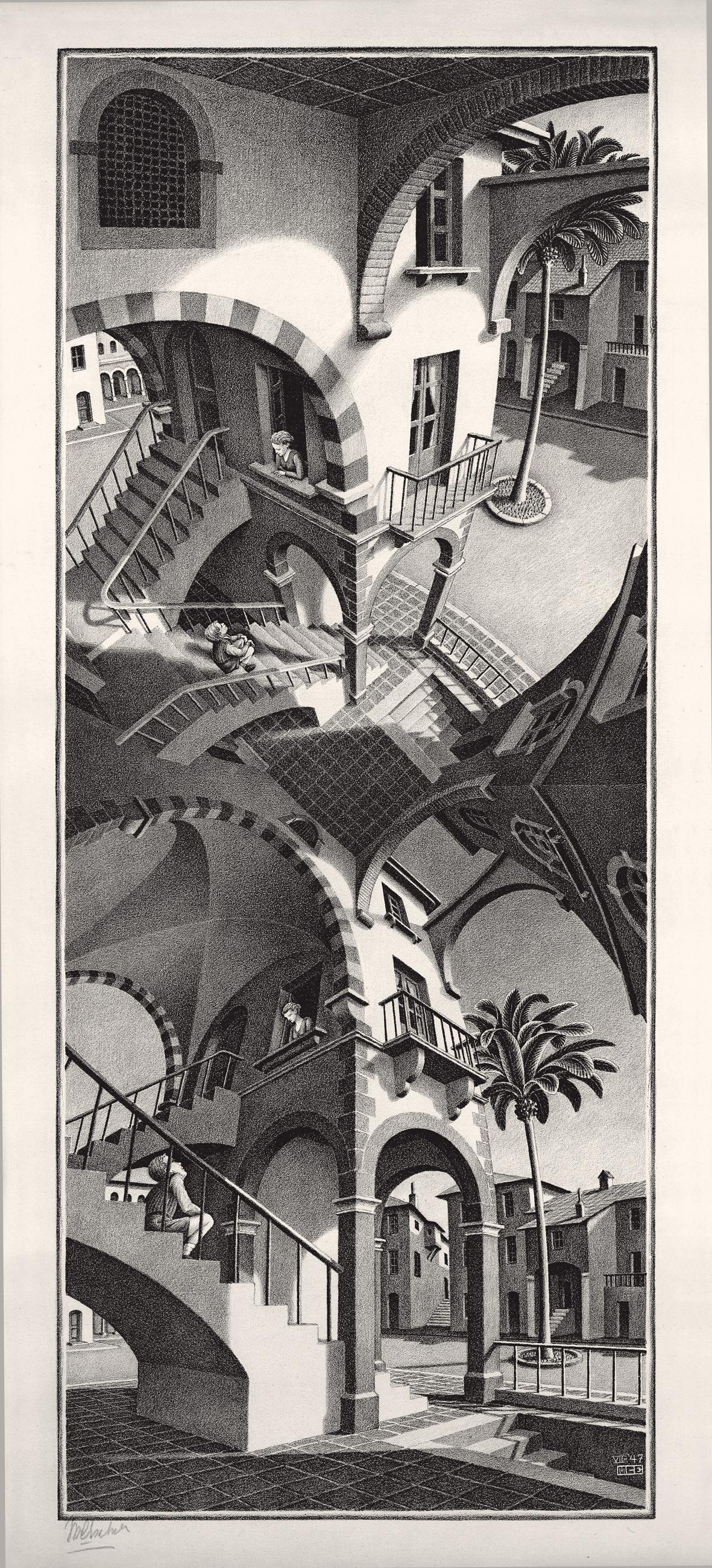 Maurits Cornelis Escher Su e giù luglio 1947 litografia in colore marrone
