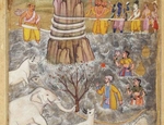 La trasformazione dellʼoceano [di latte in burro] Illustrazione da Il libro della guerra (Razmnama) 1598 Acquerello opaco